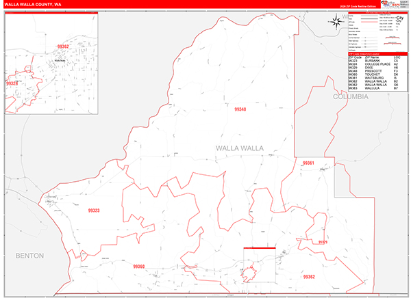 Walla Walla County, WA Wall Map Red Line Style